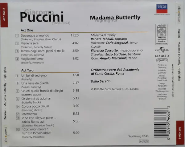 Giacomo Puccini, Carlo Bergonzi, Fiorenza Cossotto, Coro dell'Accademia Nazionale di Santa Cecilia, Tullio Serafin - Madama Butterfly - Highlights-1