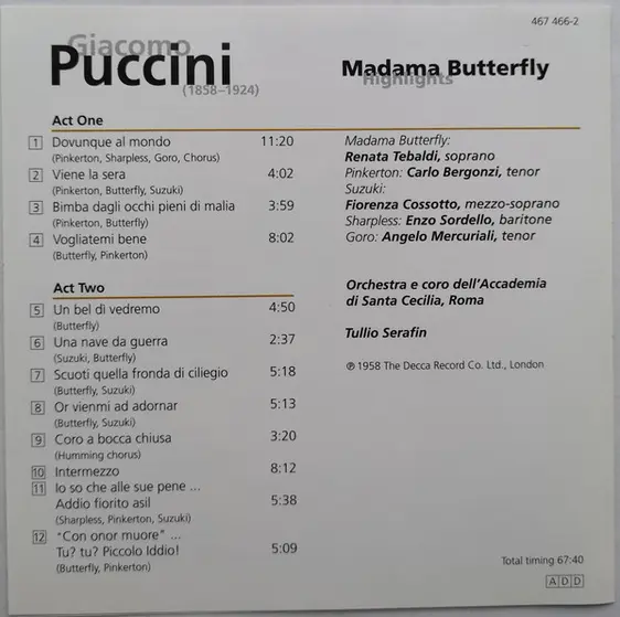 Giacomo Puccini, Carlo Bergonzi, Fiorenza Cossotto, Coro dell'Accademia Nazionale di Santa Cecilia, Tullio Serafin - Madama Butterfly - Highlights-6