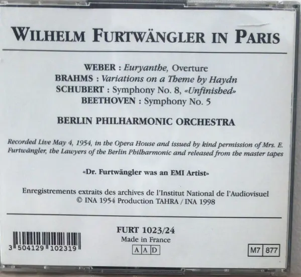 Wilhelm Furtwängler - Furtwangler In Paris 1954 - Euryanthe, Overture / Variations On A Theme By Haydn / Symphony No. 8 «Unfinished» / Symphony No. 5-1