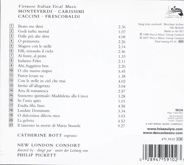 Claudio Monteverdi, Giacomo Carissimi, Giulio Caccini, Girolamo Frescobaldi, Catherine Bott - Virtuoso Italian Vocal Music-1