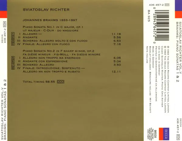 Johannes Brahms, Sviatoslav Richter - Piano Sonatas 1 & 2 - Teatro Del Bibiena, Mantova, 1987-1
