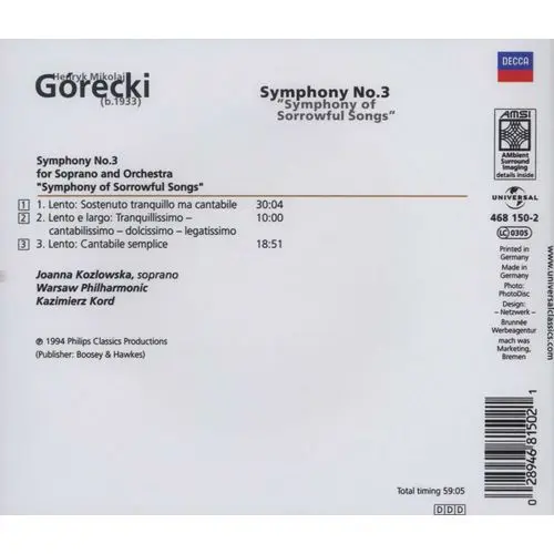 Henryk Górecki - Joanna Kozłowska •  Orkiestra Symfoniczna Filharmonii Narodowej •  Kazimierz Kord - Symphony No. 3 "Symphony Of Sorrowful Songs-1