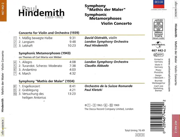 Paul Hindemith - Claudio Abbado, Paul Kletzki, London Symphony Orchestra - Symphony "Mathis Der Maler" / Symphonic Metamorphoses / Violin Concerto-2