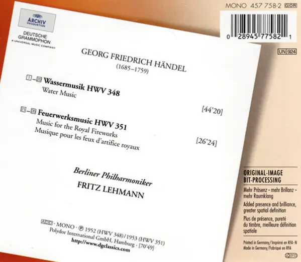 Georg Friedrich Händel - Berliner Philharmoniker · Fritz Lehmann - Wassermusik • Feuerwerksmusik = Water Music • Music For The Royal Fireworks-1