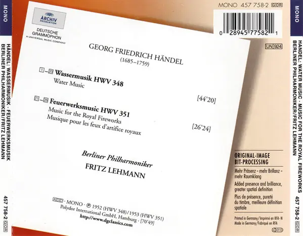 Georg Friedrich Händel - Berliner Philharmoniker · Fritz Lehmann - Wassermusik • Feuerwerksmusik = Water Music • Music For The Royal Fireworks-2
