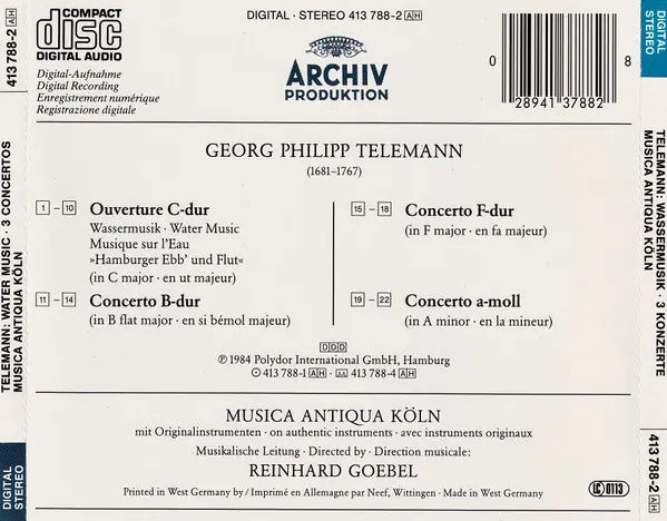 Georg Philipp Telemann - Musica Antiqua Köln • Reinhard Goebel - Wassermusik = Water Music = Musique Sur L'Eau / 3 Konzerte = Concertos-1
