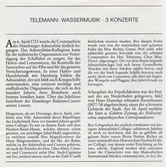 Georg Philipp Telemann - Musica Antiqua Köln • Reinhard Goebel - Wassermusik = Water Music = Musique Sur L'Eau / 3 Konzerte = Concertos-7