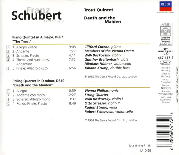 Franz Schubert / Mitglieder Des Wiener Oktetts / Wiener Philharmonisches Streichquartett - Trout Quintet / Death And The Maiden-1