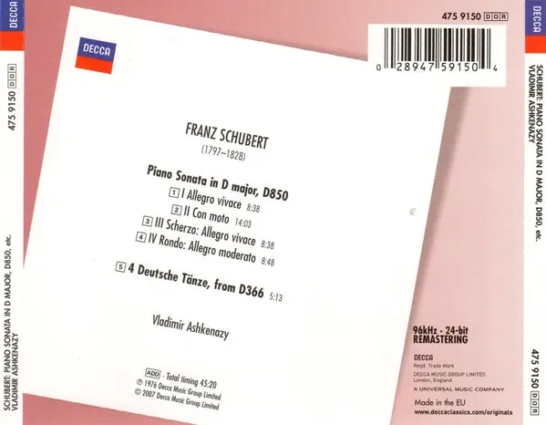 Franz Schubert, Vladimir Ashkenazy - Sonata In D Major, D850 / 4 Deutsche Tänze, From D366-2