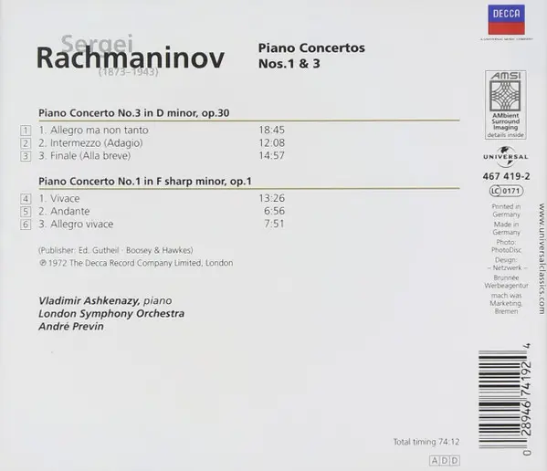 Sergei Vasilyevich Rachmaninoff - Vladimir Ashkenazy / London Symphony Orchestra / André Previn - Piano Concertos Nos.1 & 3-1