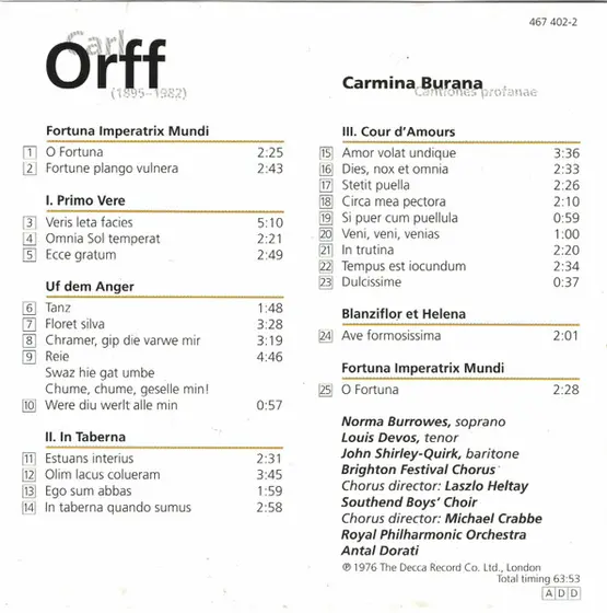 Carl Orff, Norma Burrowes, Louis Devos, John Shirley-Quirk, Brighton Festival Chorus, Royal Philharmonic Orchestra, Antal Dorati - Carmina Burana-1