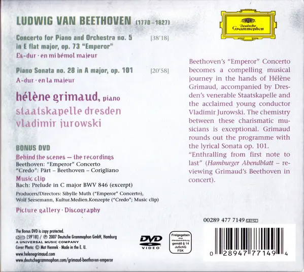 Ludwig van Beethoven – Hélène Grimaud, Staatskapelle Dresden, Vladimir Jurowski - Piano Concerto No. 5 "Emperor" | Piano Sonata No. 28-1