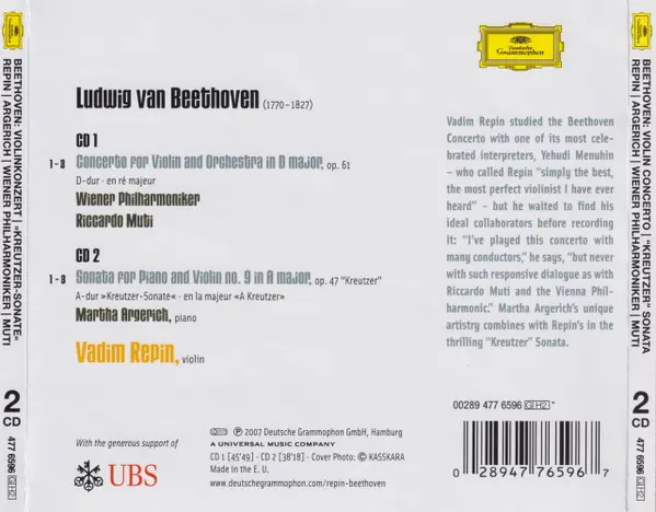 Ludwig van Beethoven, Vadim Repin, Martha Argerich, Wiener Philharmoniker, Riccardo Muti - Violin Concerto | "Kreutzer Sonata-1