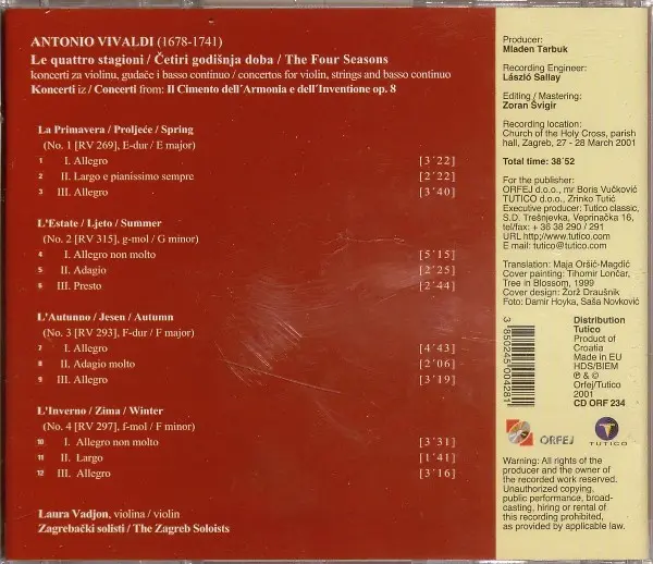 Antonio Vivaldi, Zagrebački Solisti, Laura Vadjon - Le Quattro Stagioni / Četiri Godišnja Doba / The Four Seasons-1
