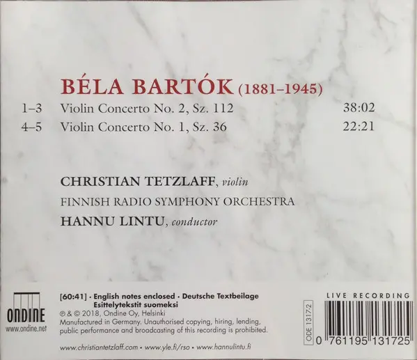 Béla Bartók, Christian Tetzlaff, Hannu Lintu, Radion Sinfoniaorkesteri - Violin Concertos 1 & 2-3