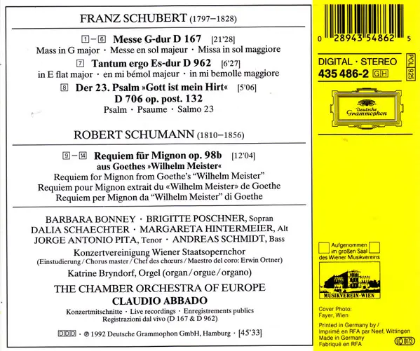 Franz Schubert / Robert Schumann - Barbara Bonney, The Chamber Orchestra Of Europe, Claudio Abbado - Schubert: Mass in G Major, Schumann: Requiem For Mignon-1