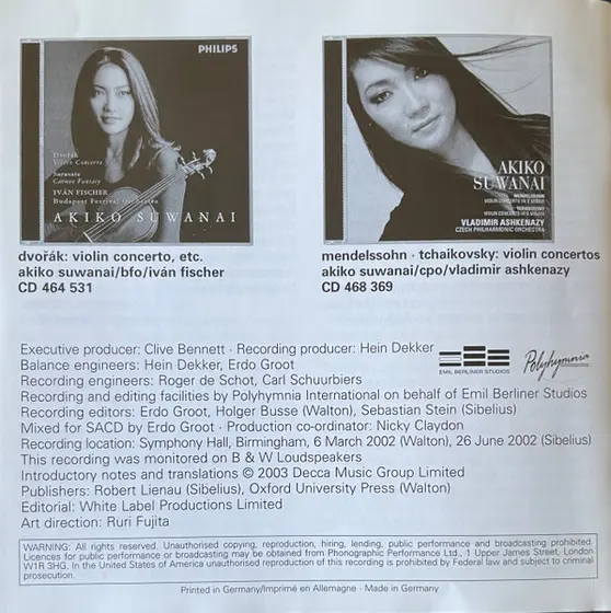 Jean Sibelius, Sir William Walton, Akiko Suwanai, City Of Birmingham Symphony Orchestra, Sakari Oramo - Violin Concertos-6