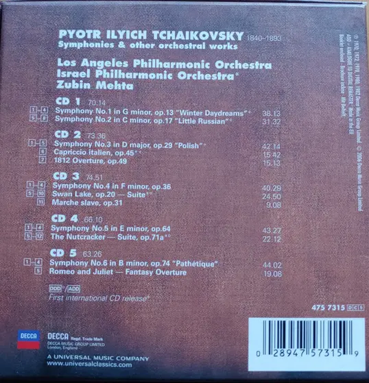 Pyotr Ilyich Tchaikovsky, Los Angeles Philharmonic Orchestra, Zubin Mehta - The Symphonies / Capriccio Italien, 1812 Overture, Romeo And Juliet, Marche Slave, Sleeping Beauty And Nutcracker Suites-1