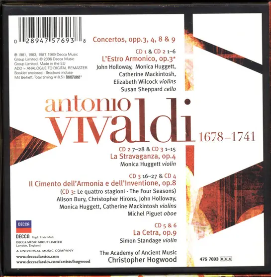 Antonio Vivaldi / The Academy Of Ancient Music, Christopher Hogwood - Concertos, Opp.3 ,4, 8 & 9: L'estro Armonico 🞄 La Stravaganza 🞄 Il Cimento Dell'armonia E Dell'invenzione 🞄 La Cetra-1