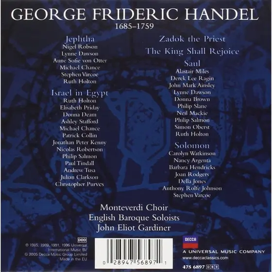 Georg Friedrich Händel - Nancy Argenta · Donna Brown · Lynne Dawson · Barbara Hendricks · Ruth Holton (2) · Anne Sofie Von Otter · Carolyn Watkinson · Michael Chance · Derek Lee Ragin · John Mark Ainsley · Neil Mackie (2) · Nigel Robson · Anthony Rolfe Jo - Israel In Egypt ・ Jephtha ・ Saul ・ Solomon-1