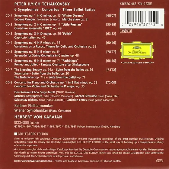 Pyotr Ilyich Tchaikovsky - Christian Ferras •  Sviatoslav Richter •  Mstislav Rostropovich •  Berliner Philharmoniker •  Herbert von Karajan - Karajan Conducts Tchaikovsky: 6 Symphonies - Concertos - 3 Ballet Suites-1