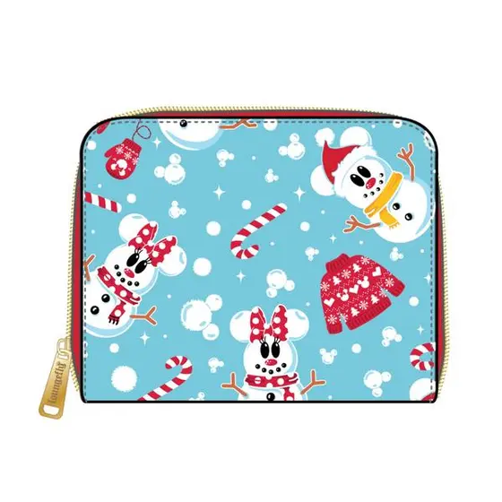 LOUNGEFLY DISNEY SEASONAL SNOWMAN MINNIE MICKEY AOP ZIP AROUND WALLET-1