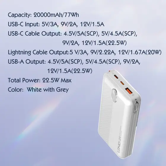LDNIO POWER BANK 20000mAh 22,5W 5V 3A 2 PORT (2A) + 2 CABLE (1C1L) PQ24-8