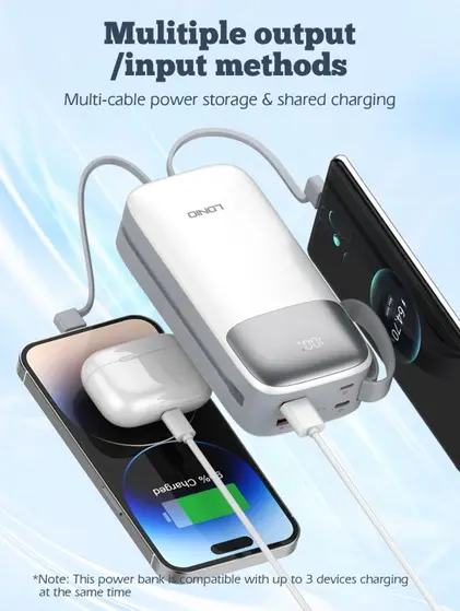 LDNIO POWER BANK 30000mAh 22,5W 5V 3A 2 PORT (2A) + 2 CABLE (1C1L) PQ30-2