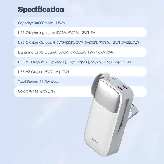 LDNIO POWER BANK 30000mAh 22,5W 5V 3A 2 PORT (2A) + 2 CABLE (1C1L) PQ30-8