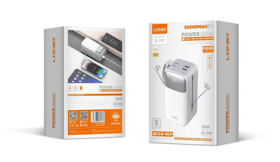 LDNIO POWER BANK 50000mAh 22,5W 5V 3A 2 PORT (2A) + 2 CABLE (1C1L) PQ50-10