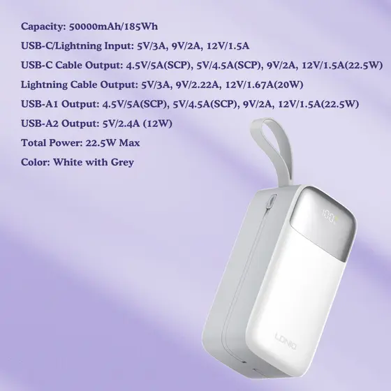LDNIO POWER BANK 50000mAh 22,5W 5V 3A 2 PORT (2A) + 2 CABLE (1C1L) PQ50-8