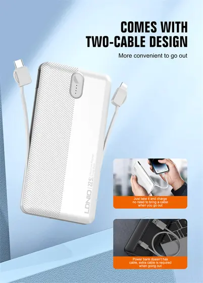 LDNIO POWER BANK 10000mAh 22,5W 5V 3A 1 PORT (1A) + 2 CABLE (1C1L) PQ13-1