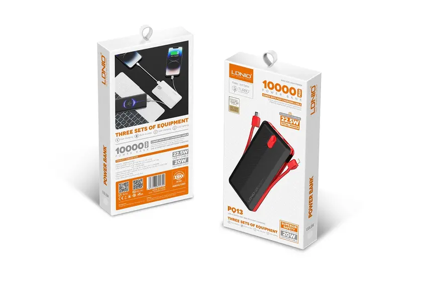 LDNIO POWER BANK 10000mAh 22,5W 5V 3A 1 PORT (1A) + 2 CABLE (1C1L) PQ13-6