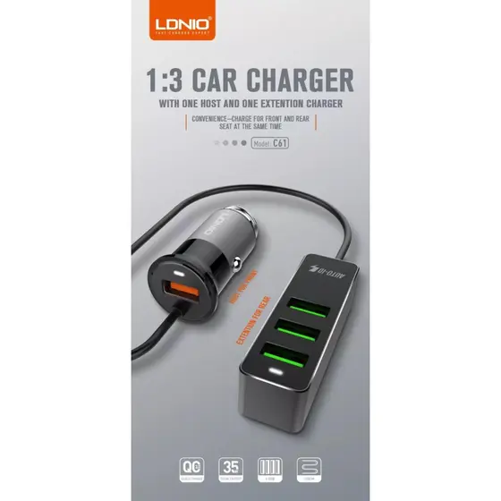 LDNIO CAR CHARGER C61 1USB QUICK CHARGE + 3XUSB-1