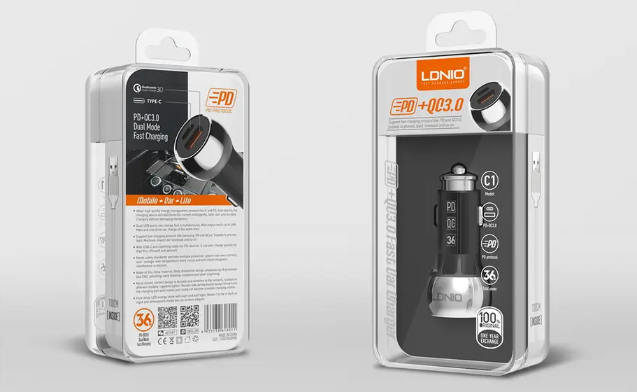 LDNIO CAR CHARGER 2 PORT (1A1C) 36W 5V 3A C1-10