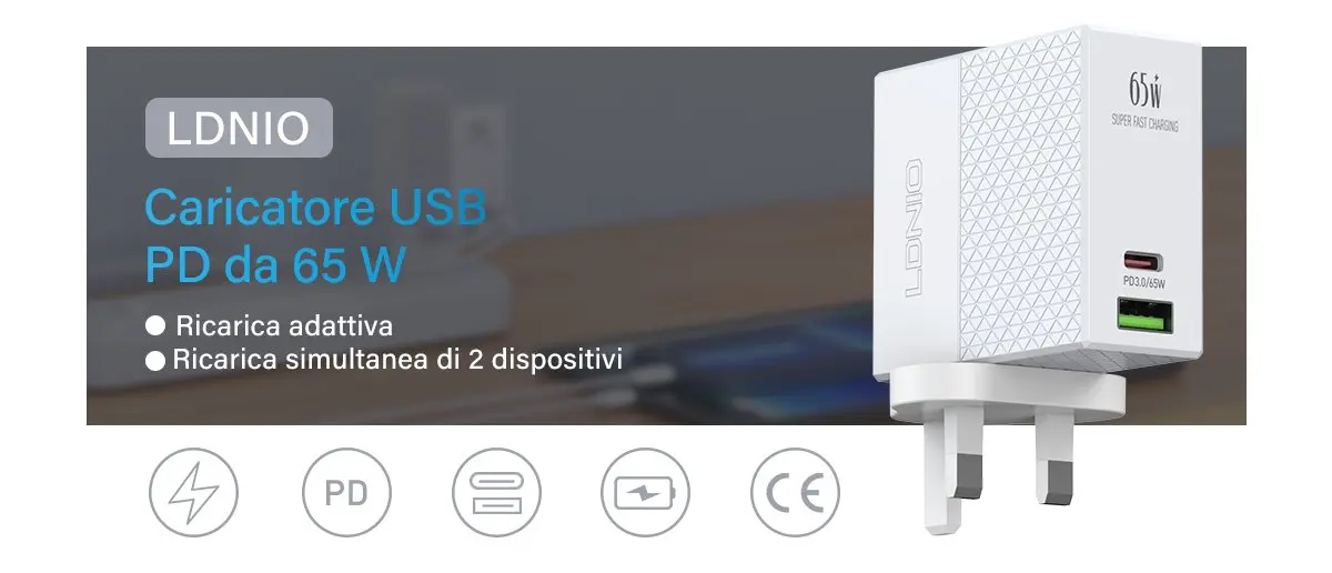 LDNIO CHARGER 2 PORT (1A1C) 65W 5V 3A A2620C-6