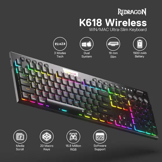 KEYBOARD - REDRAGON HORUS PRO K618RGB-PRO WIRED/2.4G/BT RED SWITCH-8