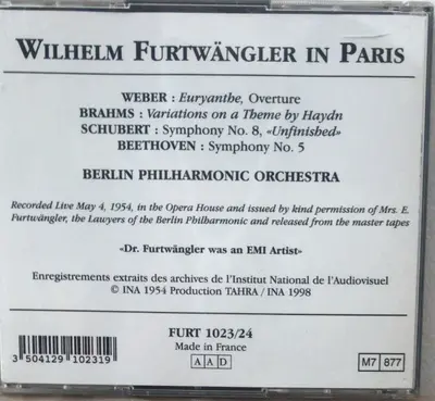 Wilhelm Furtwängler - Furtwangler In Paris 1954 - Euryanthe, Overture / Variations On A Theme By Haydn / Symphony No. 8 «Unfinished» / Symphony No. 5-1