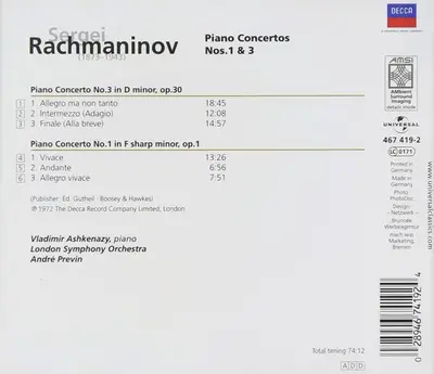 Sergei Vasilyevich Rachmaninoff - Vladimir Ashkenazy / London Symphony Orchestra / André Previn - Piano Concertos Nos.1 & 3-1
