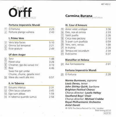 Carl Orff, Norma Burrowes, Louis Devos, John Shirley-Quirk, Brighton Festival Chorus, Royal Philharmonic Orchestra, Antal Dorati - Carmina Burana-1
