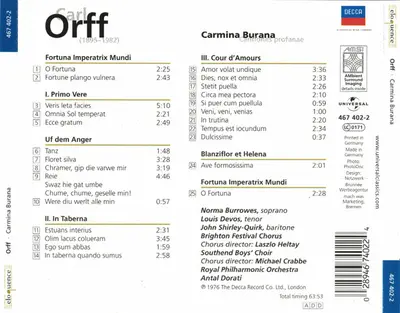 Carl Orff, Norma Burrowes, Louis Devos, John Shirley-Quirk, Brighton Festival Chorus, Royal Philharmonic Orchestra, Antal Dorati - Carmina Burana-2