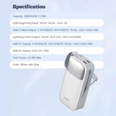 LDNIO POWER BANK 30000mAh 22,5W 5V 3A 2 PORT (2A) + 2 CABLE (1C1L) PQ30-8