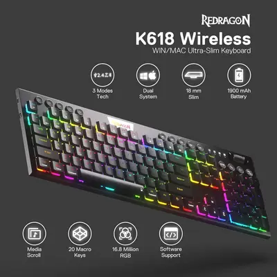 KEYBOARD - REDRAGON HORUS PRO K618RGB-PRO WIRED/2.4G/BT RED SWITCH-8
