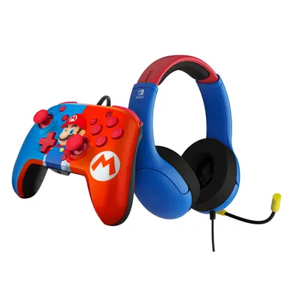 PDP NINTENDO SWITCH WIRED AIRLITE HEADSET & REMATCH CONTROLLER - MARIO BUNDLE